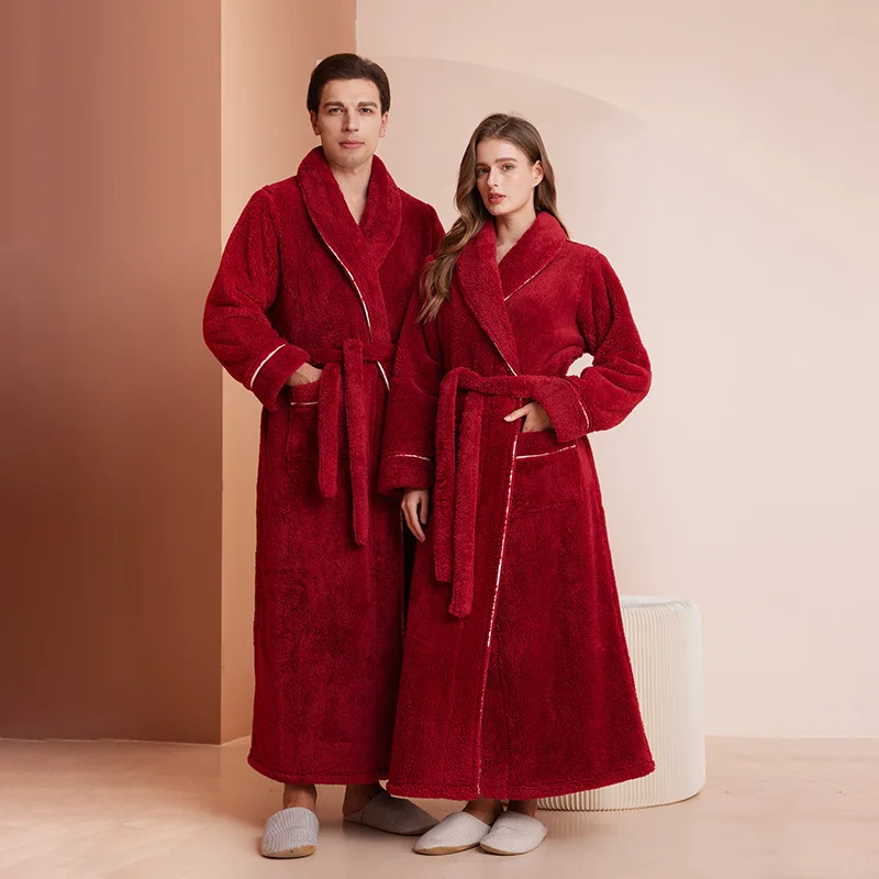 Women Men All Season Sleepwear Lapel Flannel Nightwear Thick Warm Long Sleeve Couple Home Clothes Two Side Pockets Lounge Wear