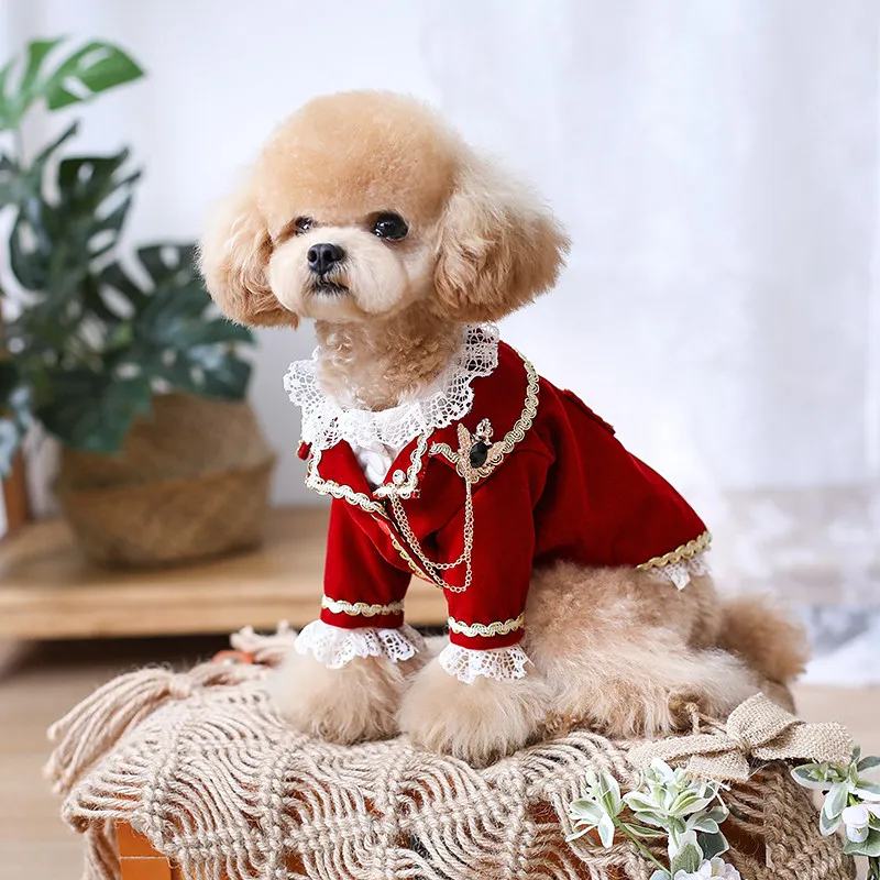 Handmade Dog Lace Cuff Tuxedo Shirt Royal Nobility Party Wear for Cats Poodle Yorkie Wine Red Suit White Shirt Two-piece Set