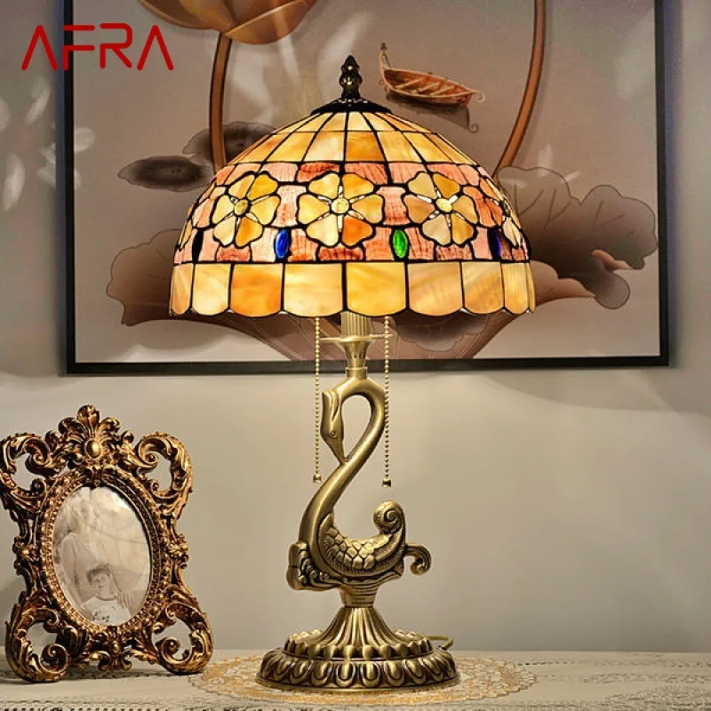 

AFRA Modern Brass Table Lamp LED European Tiffany Shell Decor Retro Copper Desk Lights for Home Living Room Bedroom