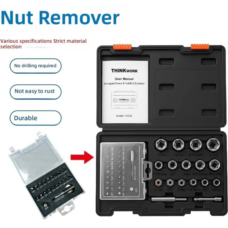 Heavy Duty Damaged Nut & Bolt Remover Set, Stripped Screw Extractor & Rusted Fastener Removal Tool Kit