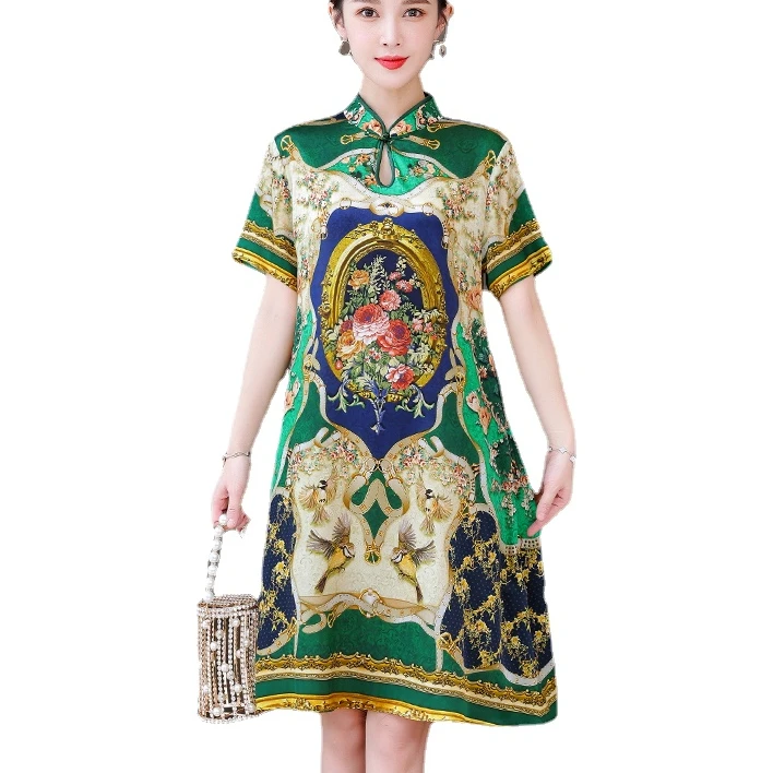 

Retro Chinese improved cheongsam dresses women elegant loose green floral dresss