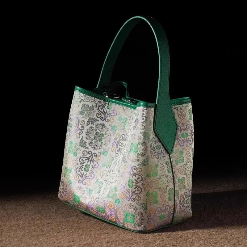 Women Shoulder Bag, Song‑brocade New Chinese Style Bucket Bag, Early‑Spring Soft Leather Single‑Shoulder & Crossbody Bag