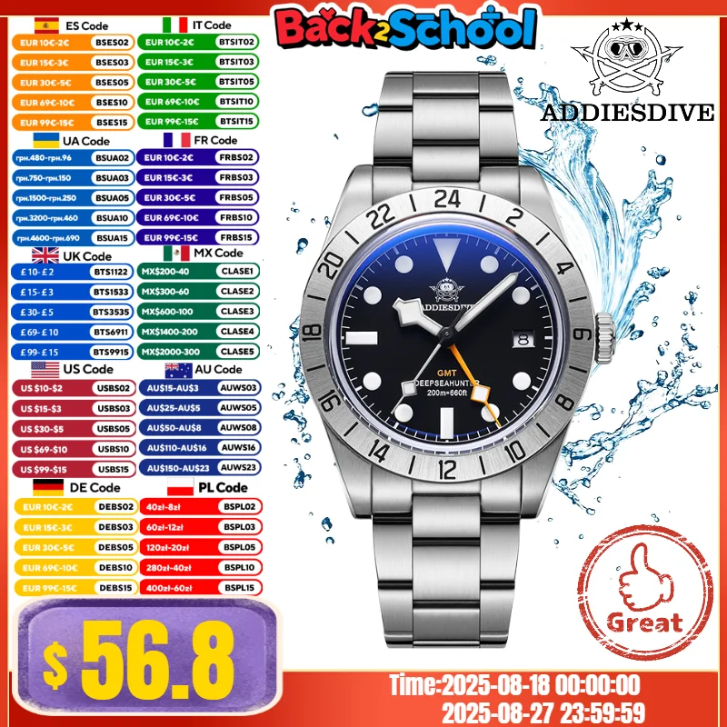 

ADDIESDIVE Men Luxury GMT Watch AD2035 BGW9 Super Luminous 20Bar Waterproof Bubble Mirror Glass Classic Quartz Watches reloj