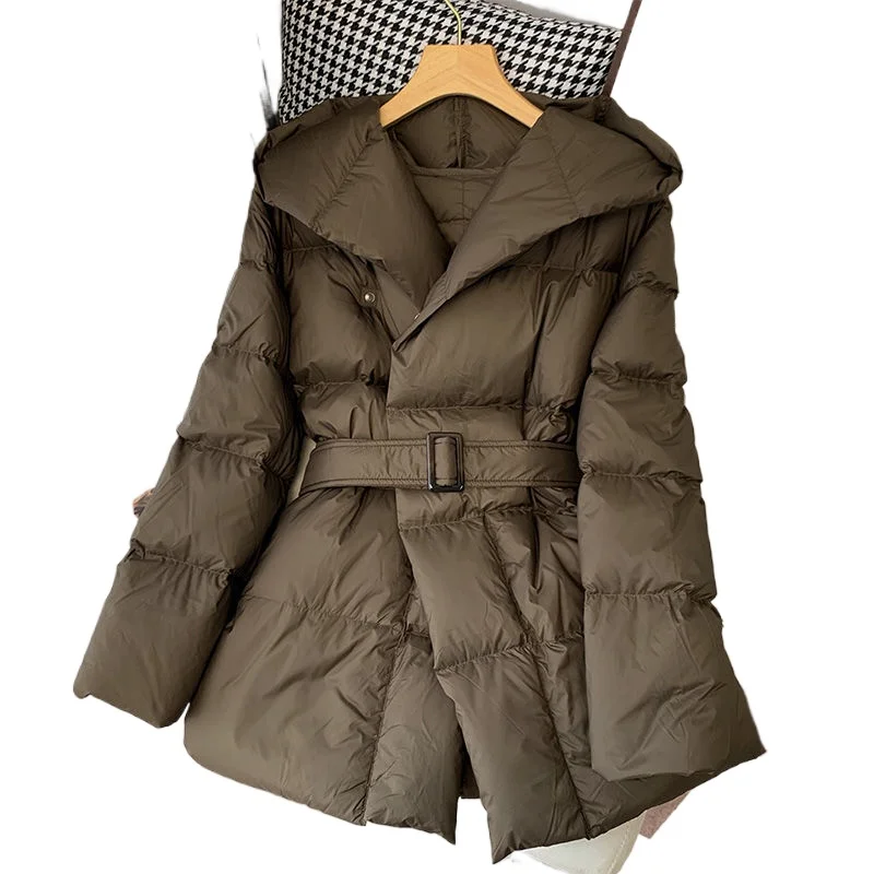 2026 New Design Sense of Mid-length Solid Color All-in-one Waist Slimming Cotton-padded Jacket Brown Hooded Bread Dress Winter