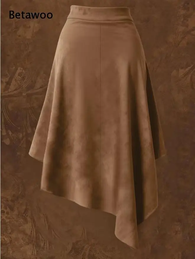 Ladies Vintage Faux Suede Wrap Skirt High Waist Knotted Belt Feather Tassel Ornament Irregular Ruffle Hem Maxi Skirt