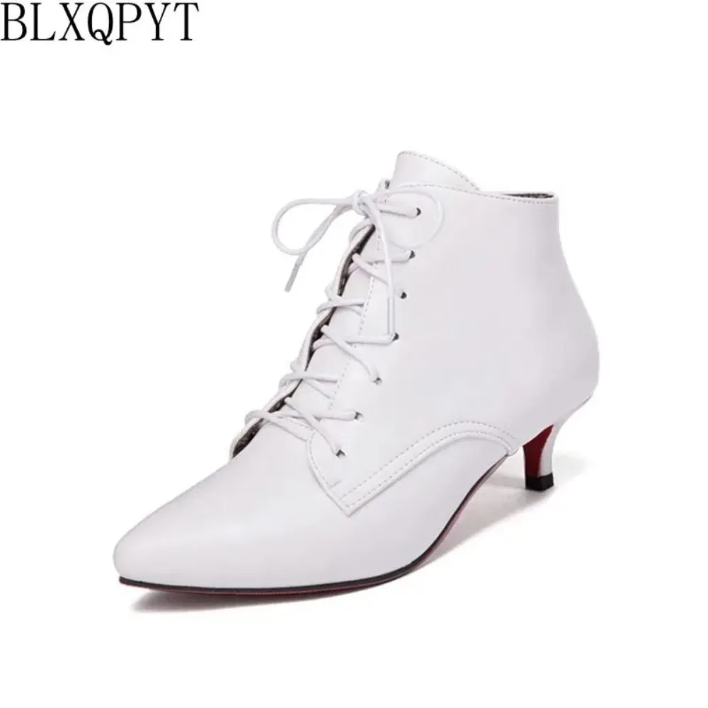 BLXQPYT Women\'s Ankle Boots Big Size Spring Autumn Stiletto Thin Low Heels Pointed Toe Leather Lace-Up Sexy Style Shoe Size 56-6