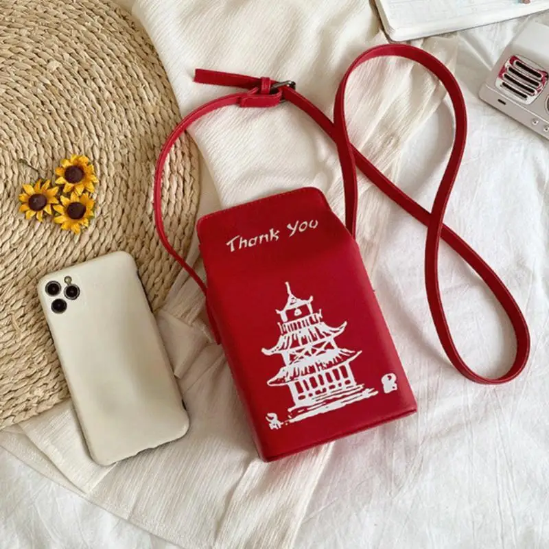 

Bag New European and American Fashion Creative Chinese Style PU Chain Crossbody Bag Personality Red Tower Print Shoulder Bag