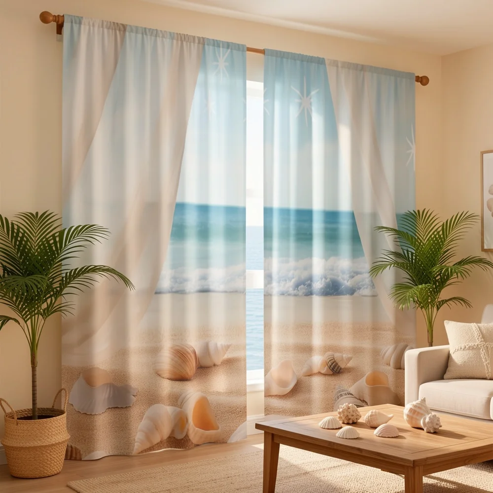 Aesthetic Beach Ocean Seashell Curtain Drapes Polyester Window Treatment Coastal Nautical Nursery Decor Lightweight Light Filter