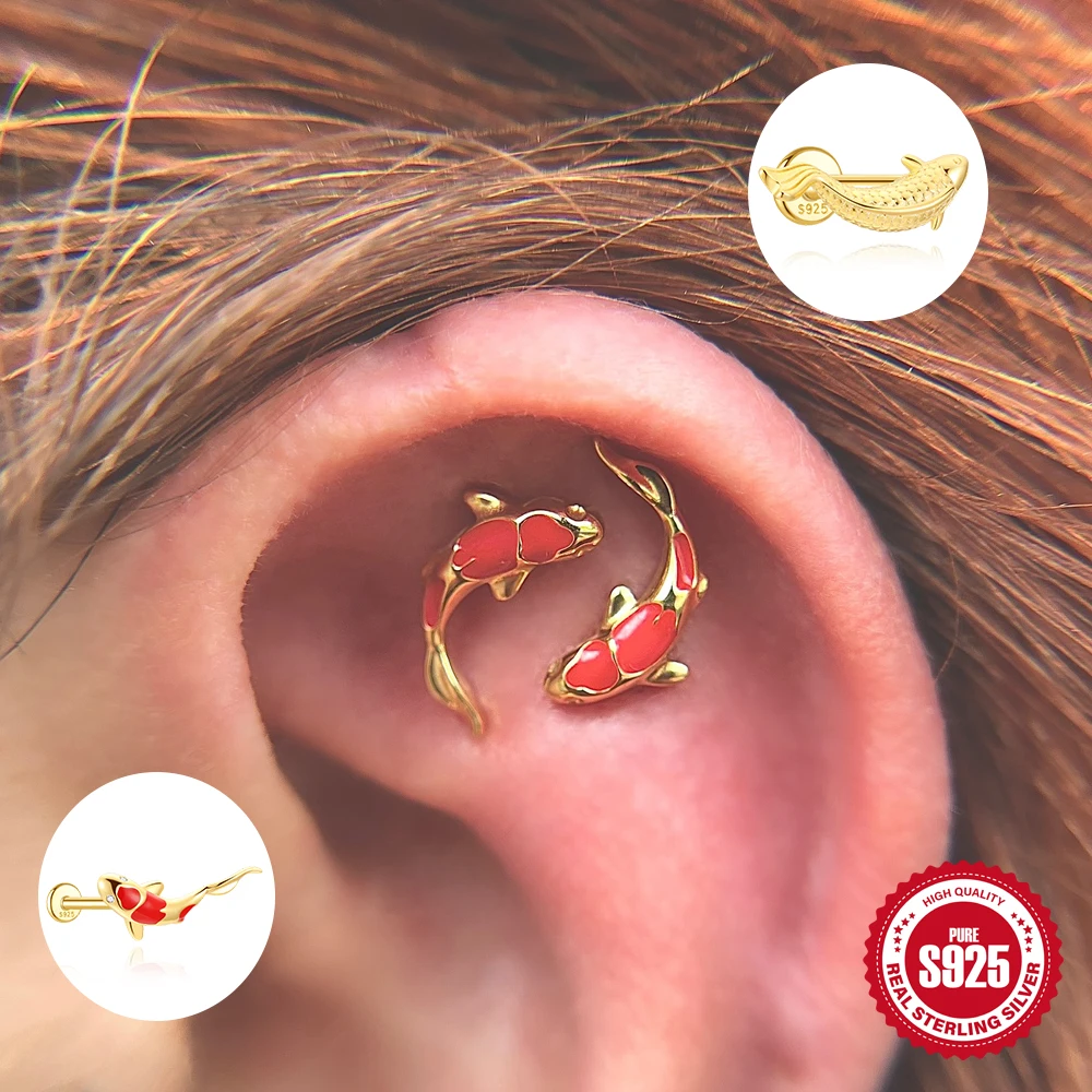 

Boako 925 Sterling Silver Fish Carp/Shark Series Stud Earring For Women 1pc Summer Allergy-proof Piercing Summer beach Jewelry