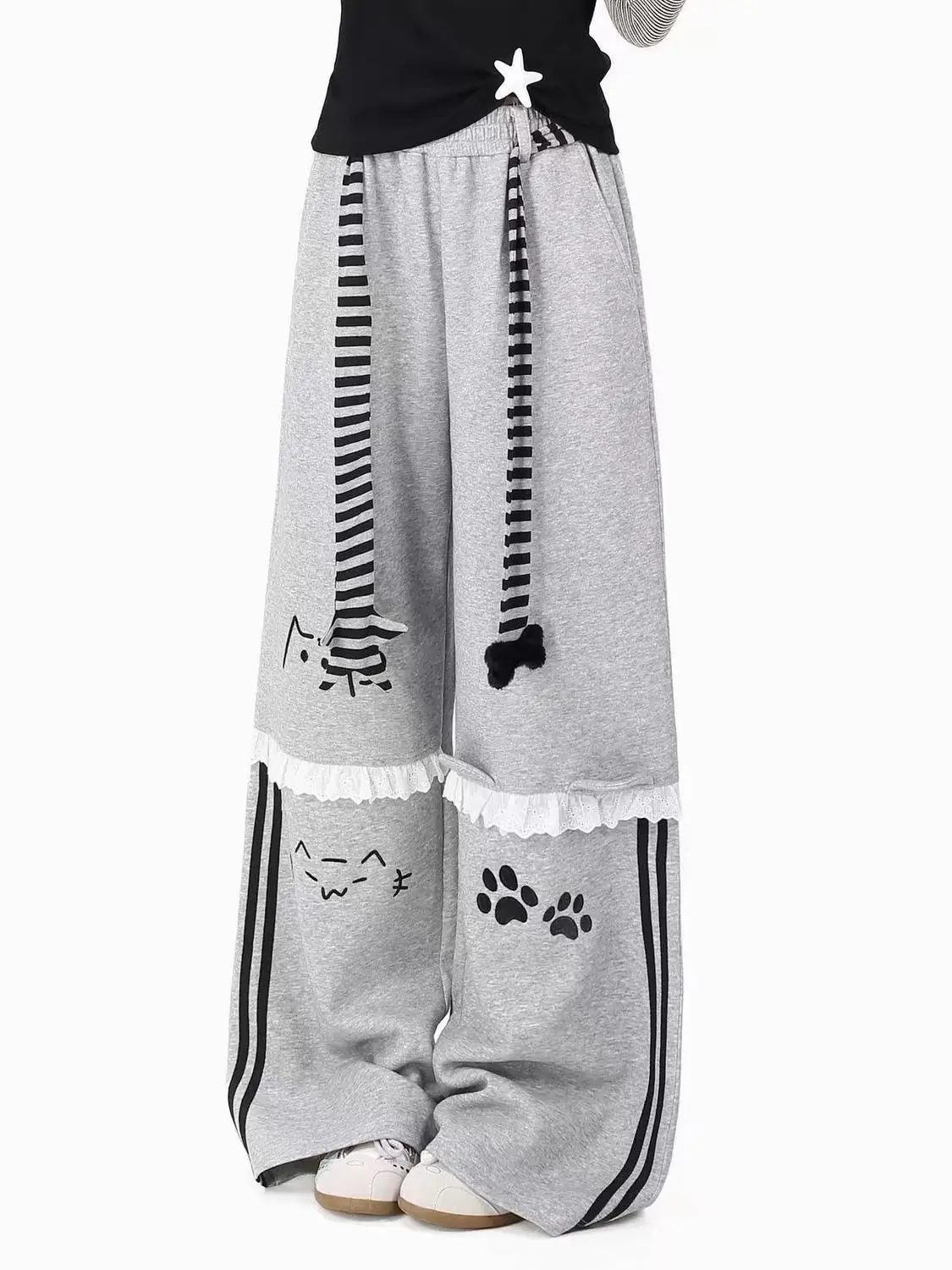 Preppy Sports Kawaii Cat Graphic Wide Leg Sweatpants Lace Frill Striped Side Loose Trouser Cute Y2K Casual Aesthetic Pants Egirl