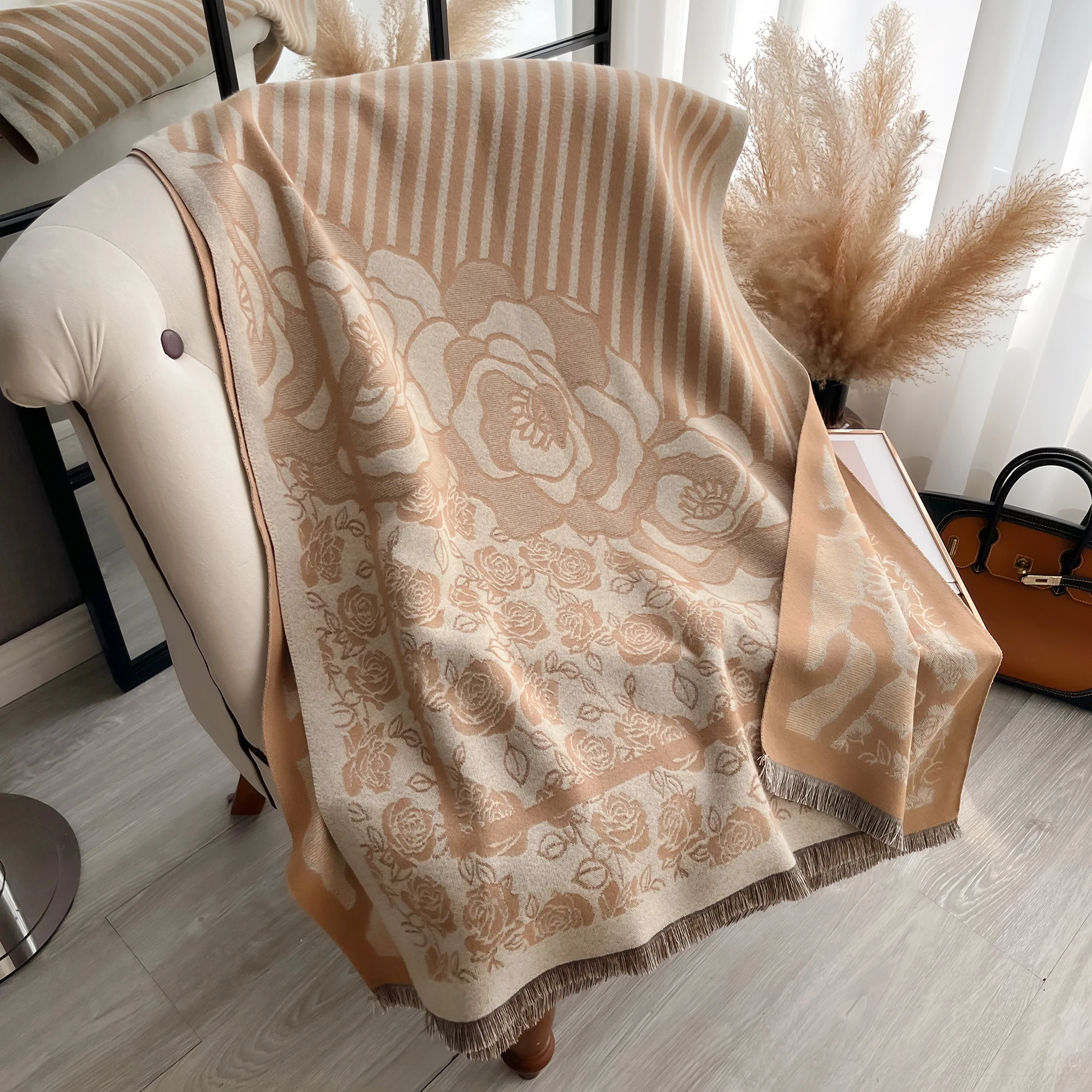 Camellia Double-sided Scarf pashmina Cashmere Travel Blanket Shawl Comfortable Wrap Shawl Autumn Winter Elegant Coldproof Warm