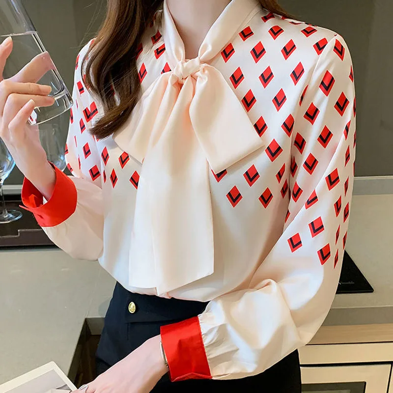 Elegant Fashion Long Sleeve Women\'s Printed Spliced Shirt Korean All-match Scarf Collar Lace Up Chiffon Blouse Female Clothing