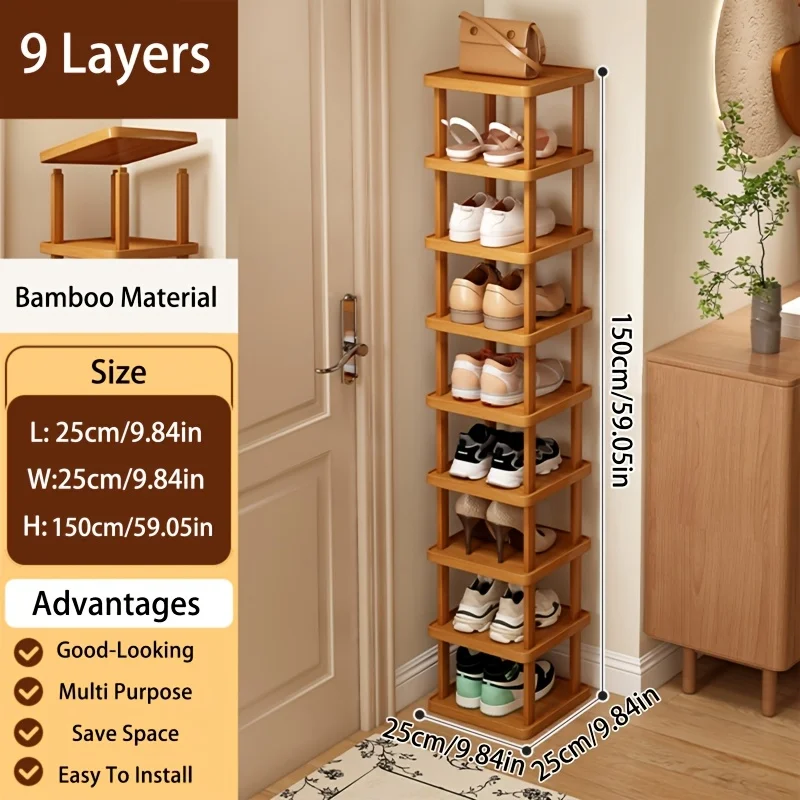 

6 and 9 Pair Bamboo Shoe Rack, Heavy-Duty & Space-Saving. Easy Assembly for Entryway, Dorm, Office. Modern Brown Shelf.