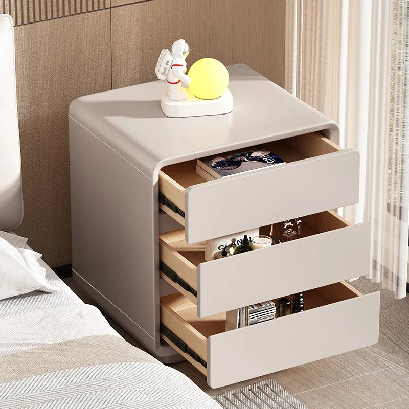 Solid wood paint bedside table Bedroom household three-layer bedside storage cabinet
