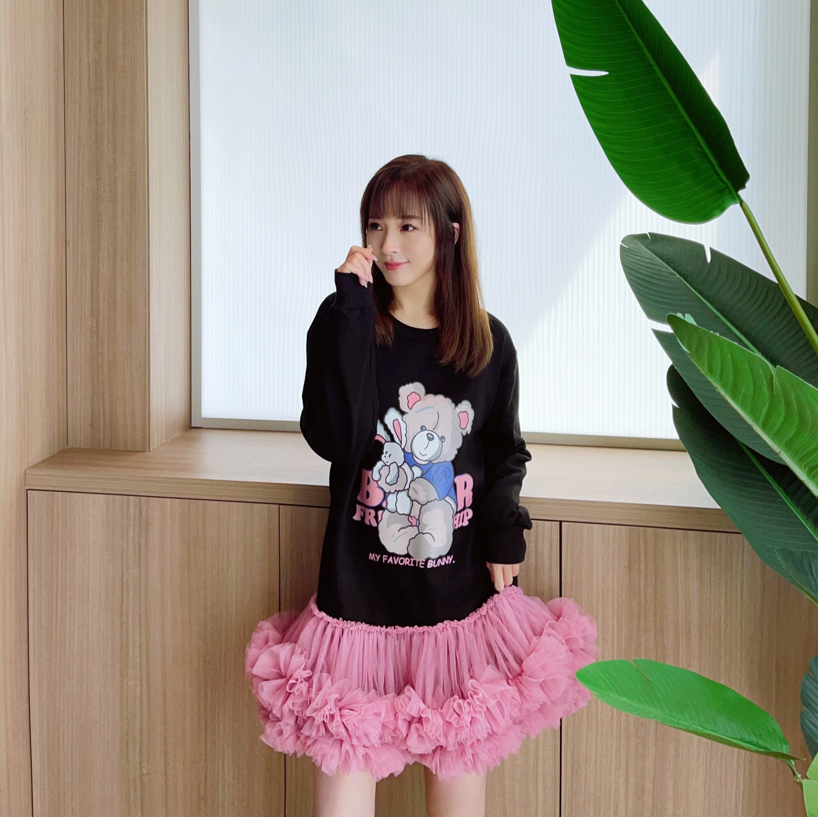 Cartoon Bear Dress Women Spring Autumn Loose Long Sleeve Sweatershirt Stitching Heavy Industry Net Yarn Pettiskirt Cute Dress