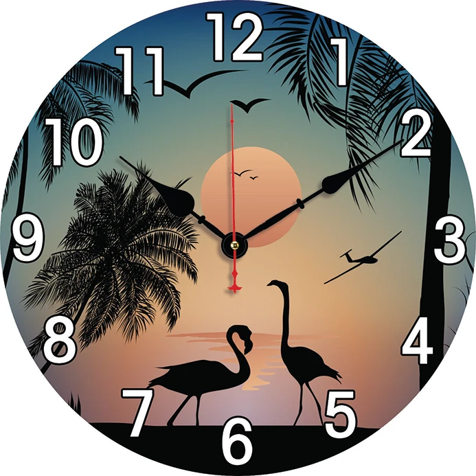 Flamingos Coconut Trees Silhouette Sunset Wall Clock Kitchen Decor Wall Art Silent Large Round Wall Clocks For Bedroom Office