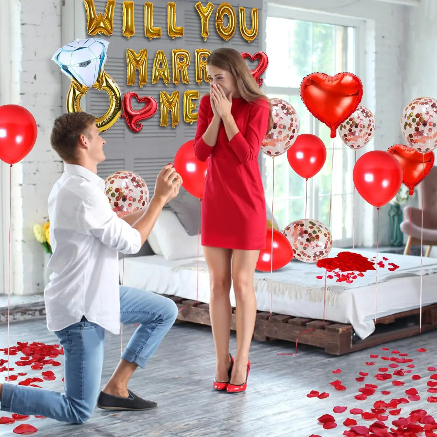 Goldener 'Willst Du Mich Heiraten' Diamant-Banner-Ring Verlobungsballon Rosenblätter Herzförmiger Ballon Verlobung Romantisch Valentinstag – Detail 3