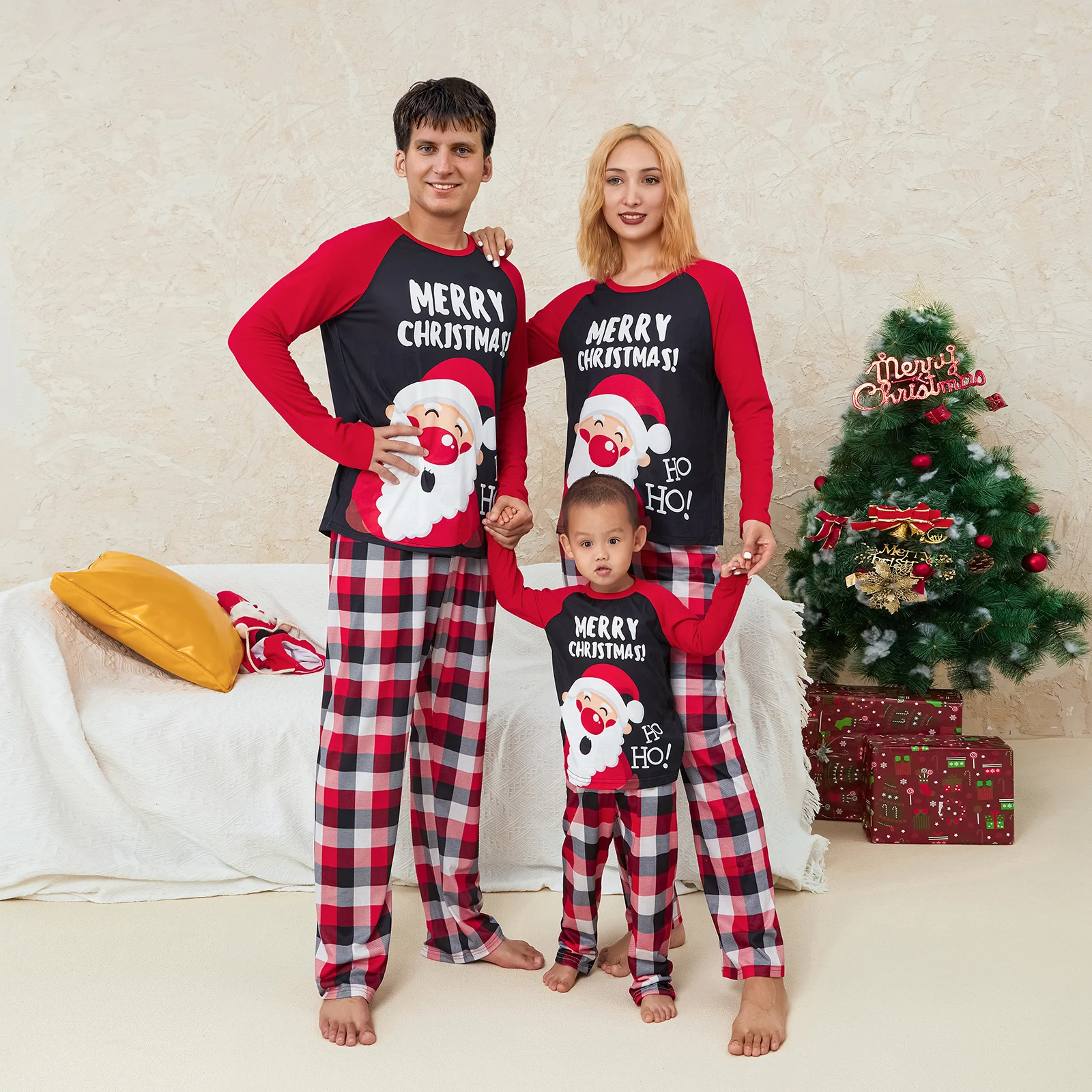 Pijama combinando família de Natal, tops estampados de Papai Noel adulto e infantil, calça xadrez casual