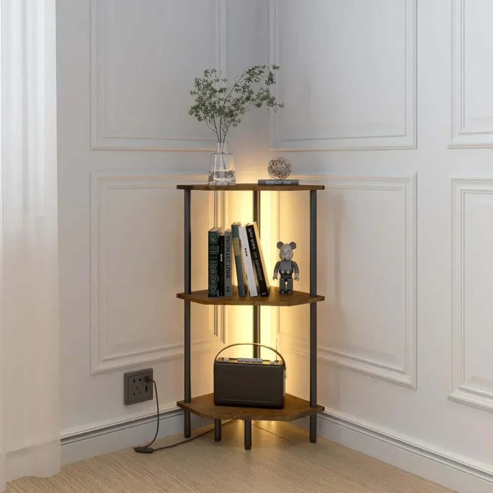 Corner table with LED lights, corner table for small space, display stand, brown and black, suitable for bedroom, living room