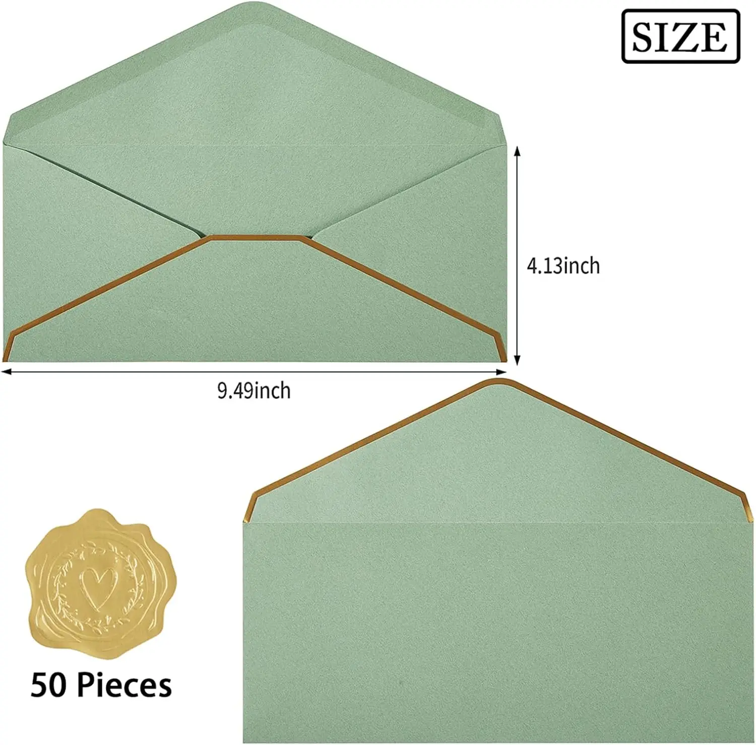 50 Pack #10 Business Envelopes Sage Green 4.125x9.5in Gold Border Self Seal with Stickers