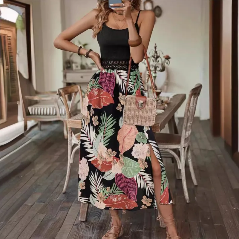 Summer Sexy Hollow Long Dresses For Women 2024 Fashion New Off Shoulder Slit Floral Print Sling Beach Dress Vacation Robe Femme