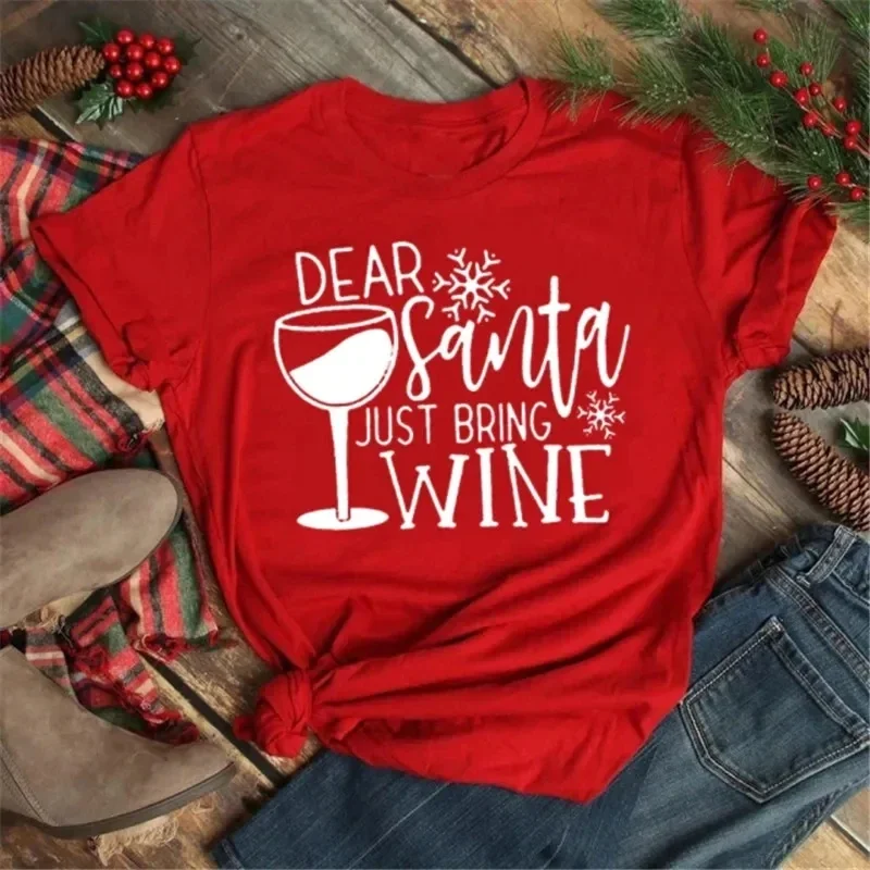 Wine Glass Christmas Hats Black Printed Women T-shirt Xmas Gifts Cartoon Red Top Tshirt Harajuku Fashion New Year Female T-shirt