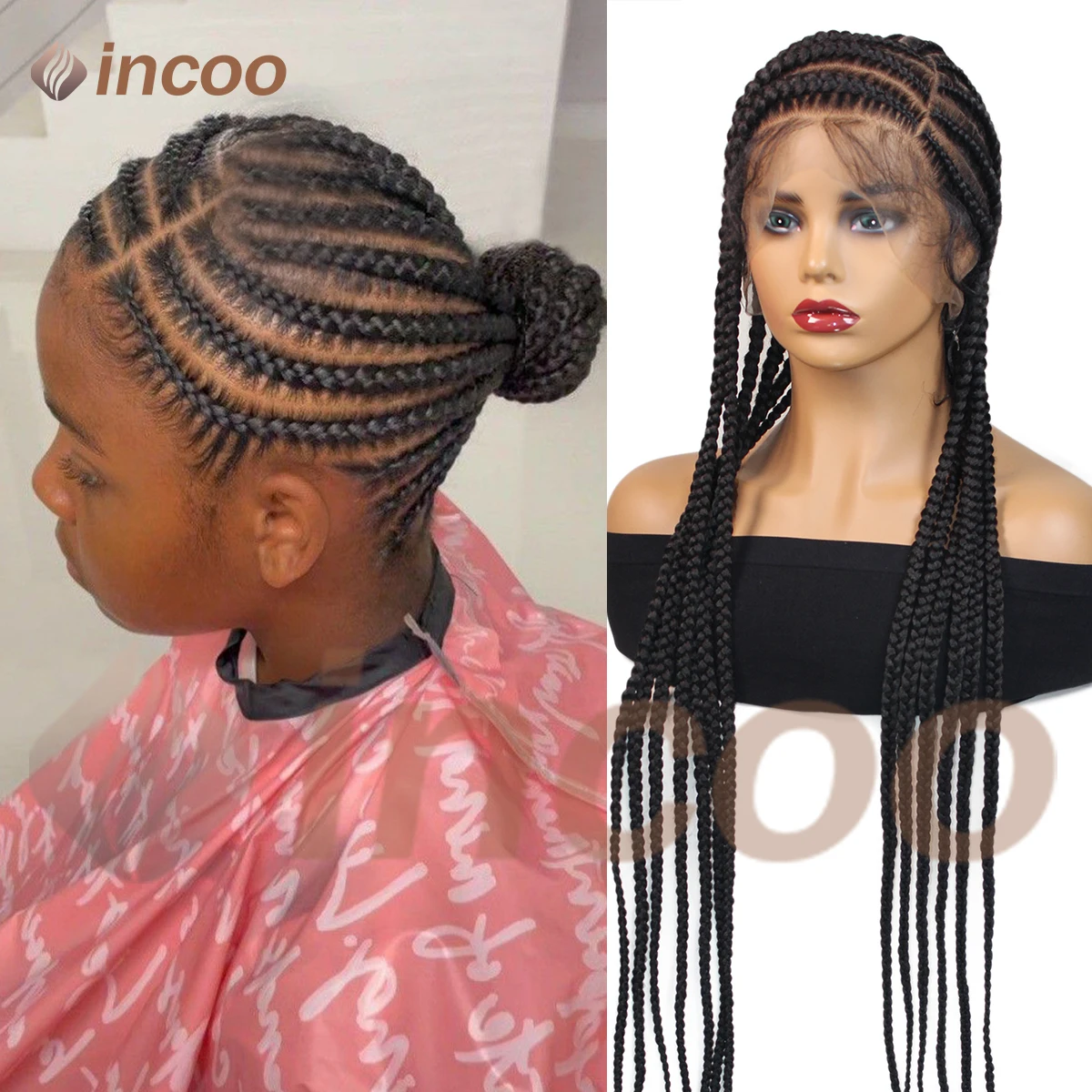

210g Super Lightweight Side Part Braided Wig with Baby Hair 36'' Synthetic Full Lace Knotless Box Braided Wigs For Black Women
