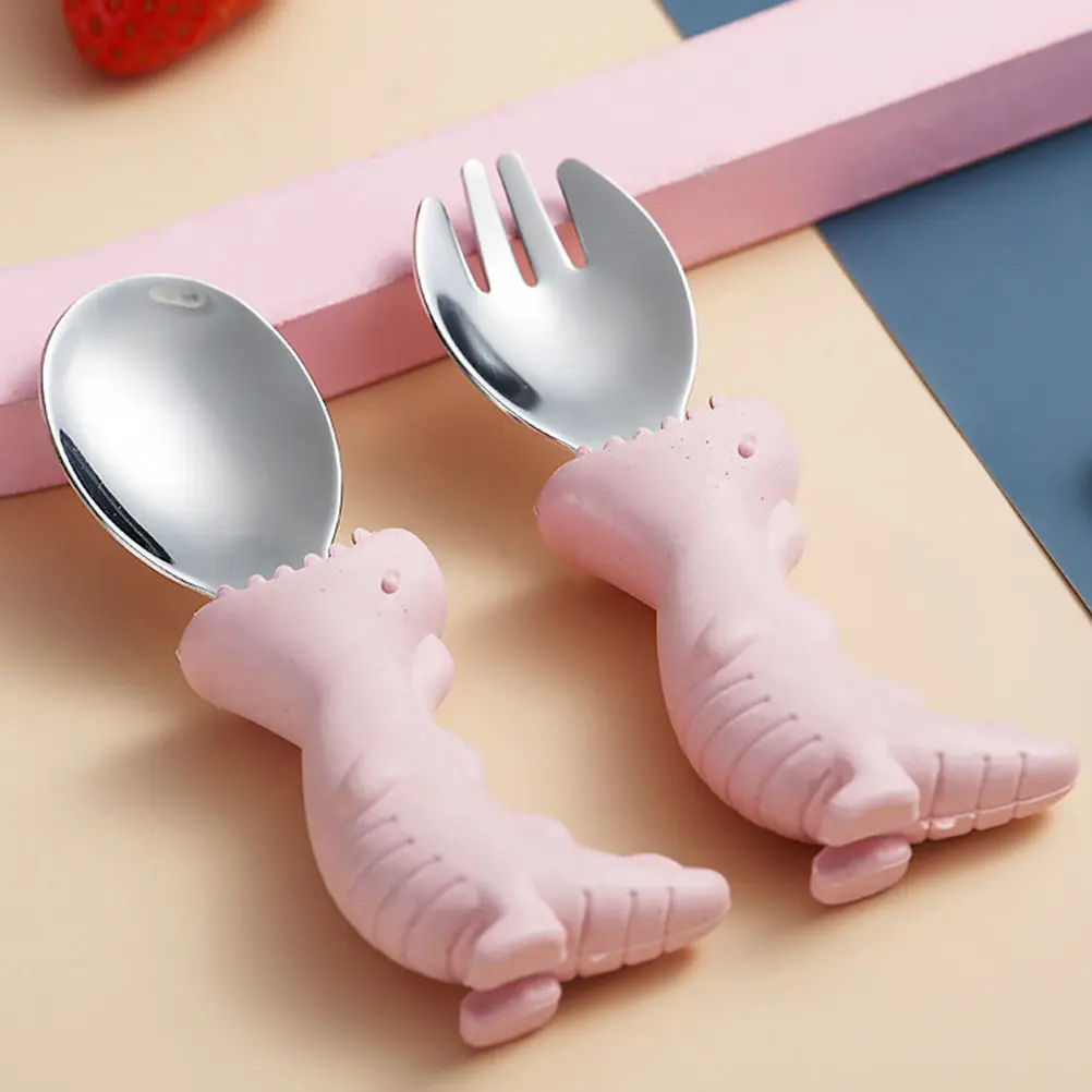 2Pcs Baby Fork and Spoon Set Stainless Food Grade PP Handles Vibrant Colors Shortened Grip for Self Feeding Training