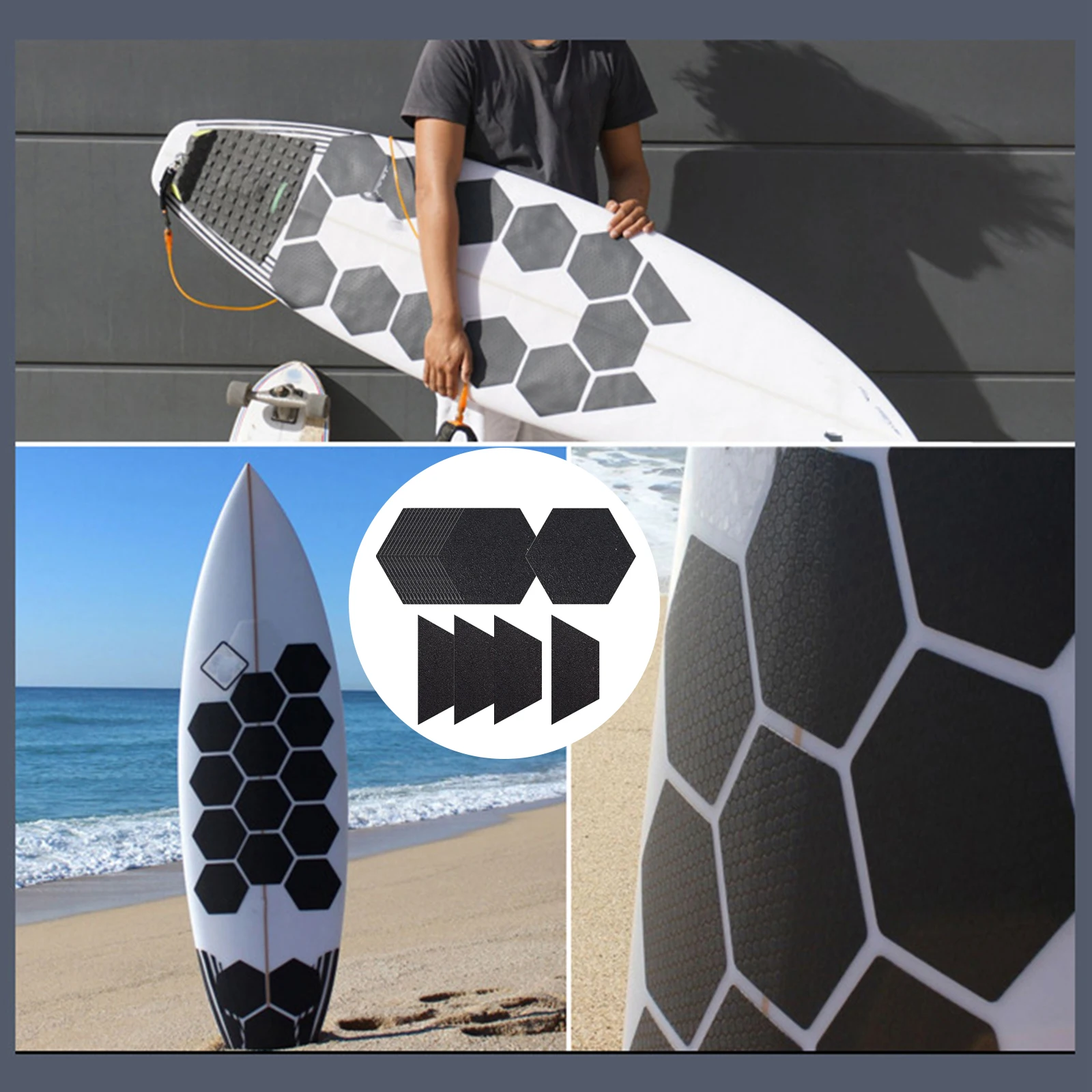 Hexagon Surfboard Traction Pads Deck Pads for Fish Board Skimboard Grip Surf Honey Comb Hole Short Board Long Board Waxless