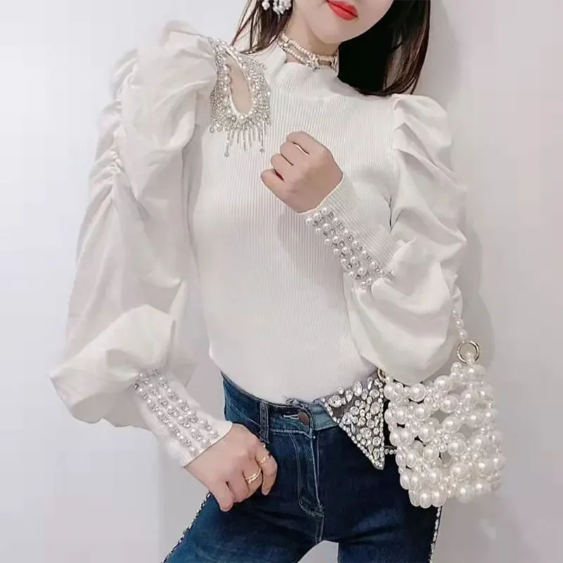 

Elegant Lantern Sleeve Blouse Spring Autumn Women's Clothing Half High Collar Basic Slim Stylish Diamonds Beading Shirt LU313