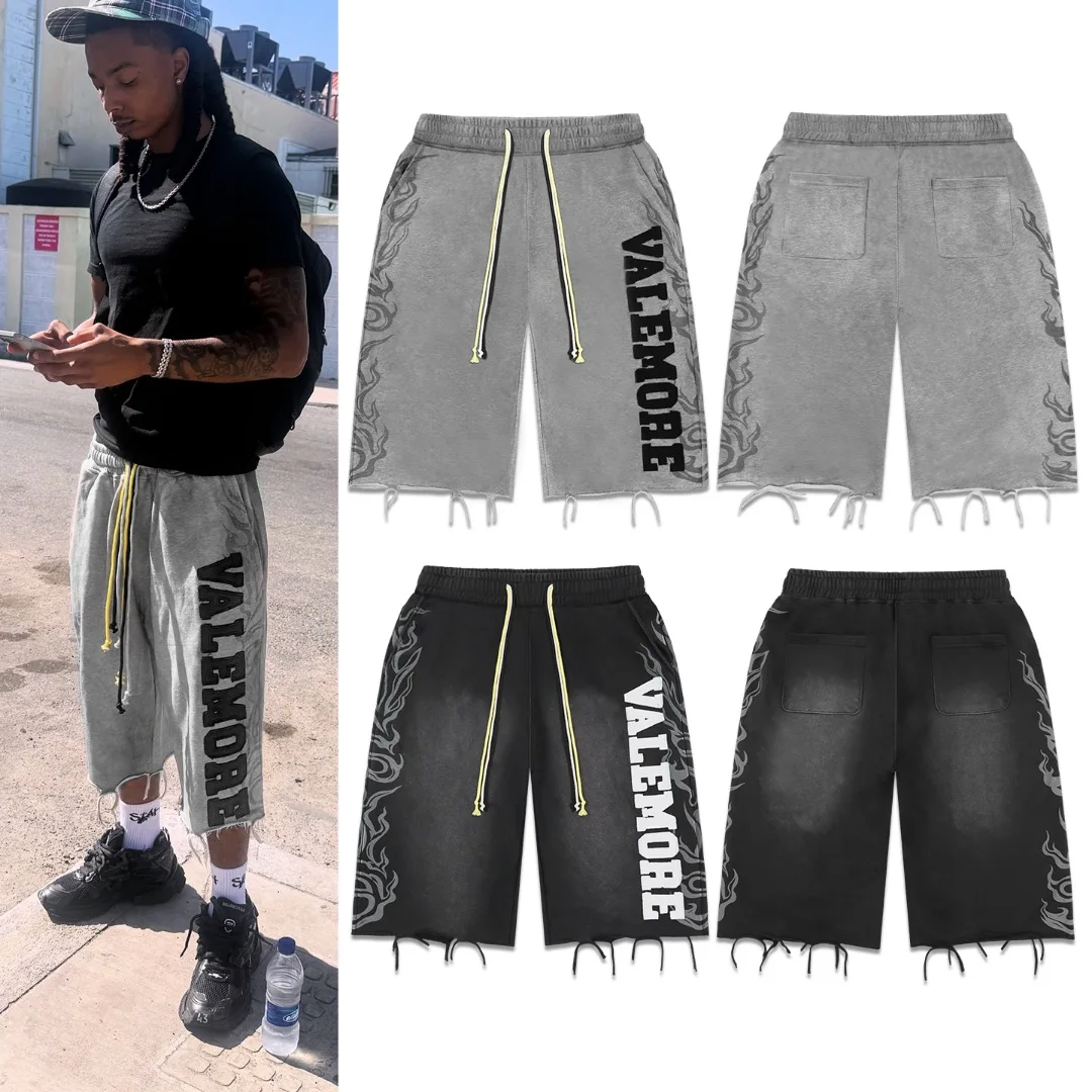 Washed Vintage American High Street Tassel Short Pants Casual Seven-Quarter Length for Men And Women Cotton 100% Loose Fit