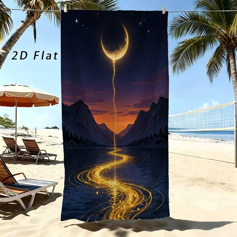 Magical Crescent Moon Mountain Night Beach Towel Glowing Golden River Landscape Sand Repellent Towel