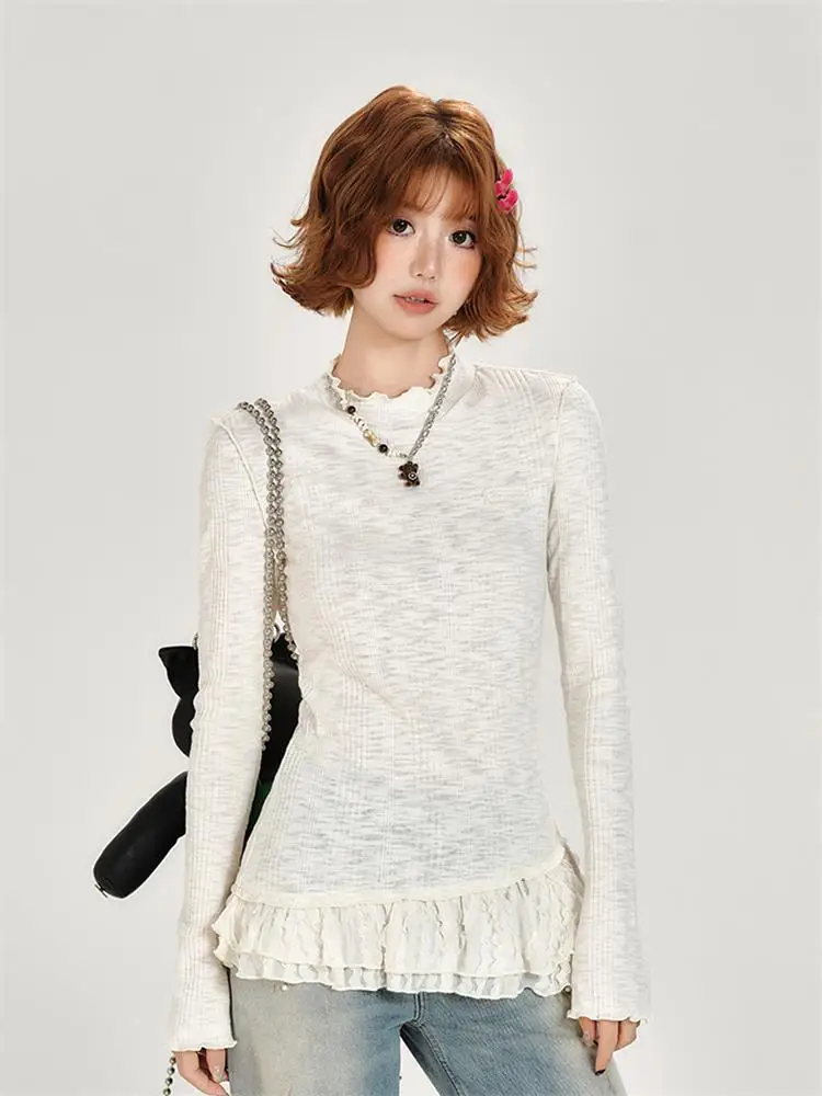 

Spring 2025 Slimming Lace Trim Splice Design Women's Base irt Sweet Top Knitted Sweater Korean Sle Long Sve Commute