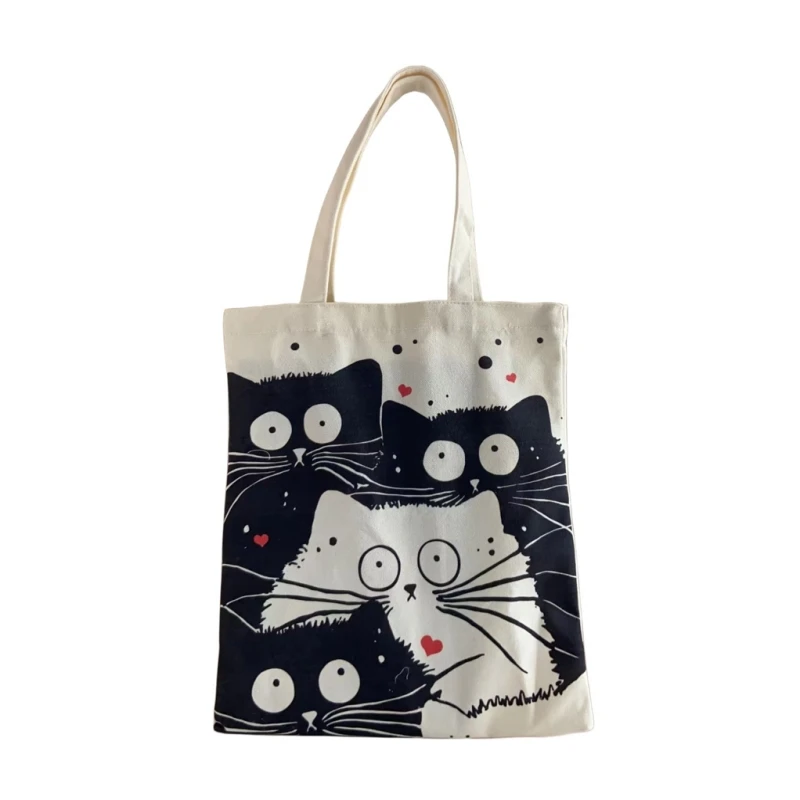 Andeiltech Canvas Tote Bag for Women Aesthetic Cute Cat Shopping Grocery Reusable School with Inner Zipper Girl Gift