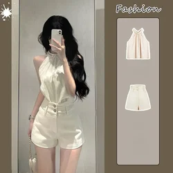 2024 Summer Solid Vintage 2 Piece Pants Set Women Casual Elegant Korean Fashion High Street Suits Female Crop Tops + Short Pants