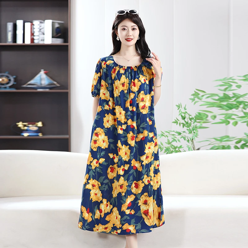 

Удобное хлопково-льняное платье больших размеров с принтом, стройнящее, с длинным рукавом, круглым вырезом, миди, для женщин больших размеров, летняя одежда