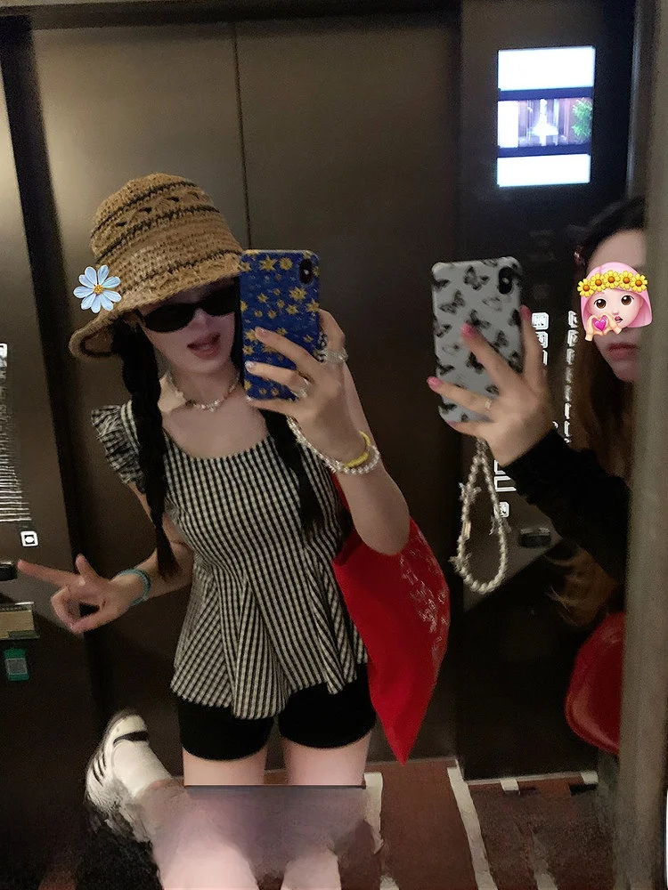 

Strawberry Jump Korean Plaid Sleeveless Halter Top Women's Summer Vintage Sweet Cool Waist Cinching Slimming Versatile Top