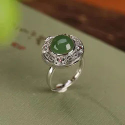 Silver 925 Natural Hotan Jade Green Round rings for women luster Vintage Ruyi Hollow Design Ring Banquet Jewelry Gift