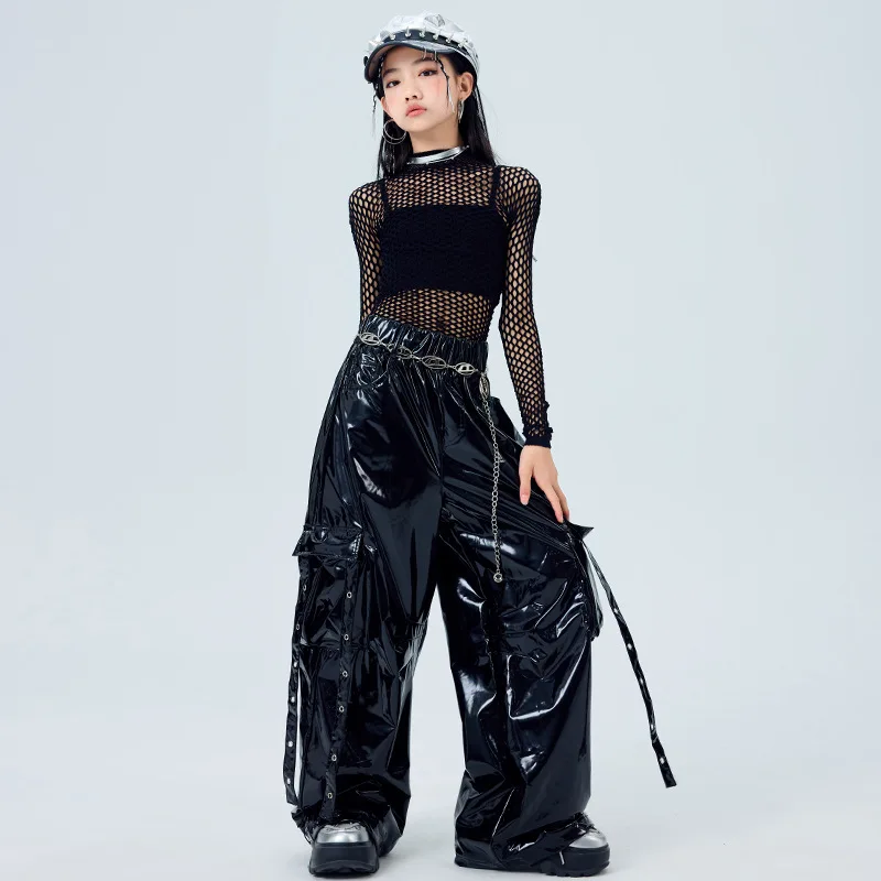Kids Girls Jazz Dance Costume Black Net Tops Leather Pants Kids Hip Hop Performance Clothes Kpop Modern Dance Stage Wear Pants