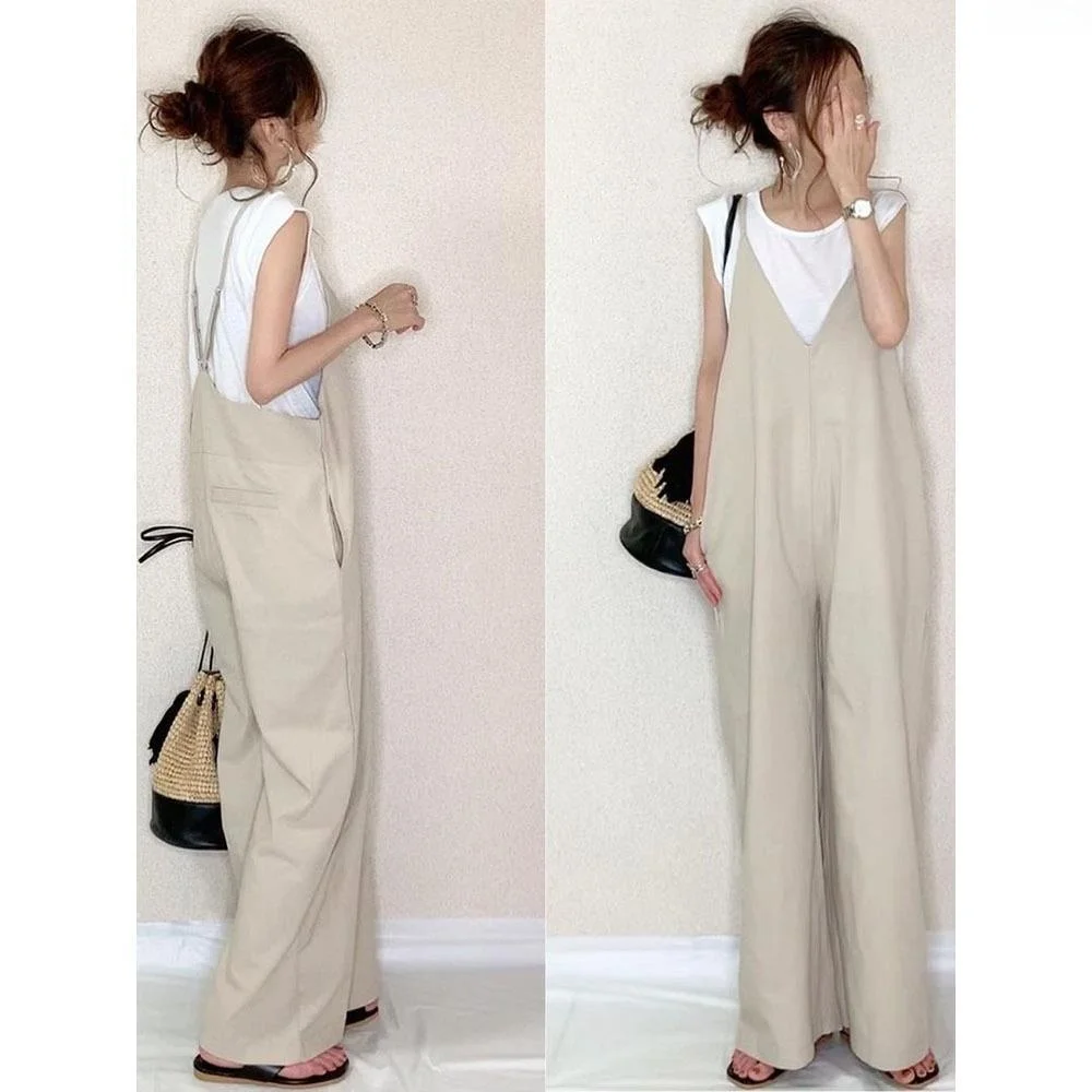 Casual Loose Straight Hair One-Piece Pants Women's Summer New Style Pure Color Versatile Strap Cross-Border Japanese Style