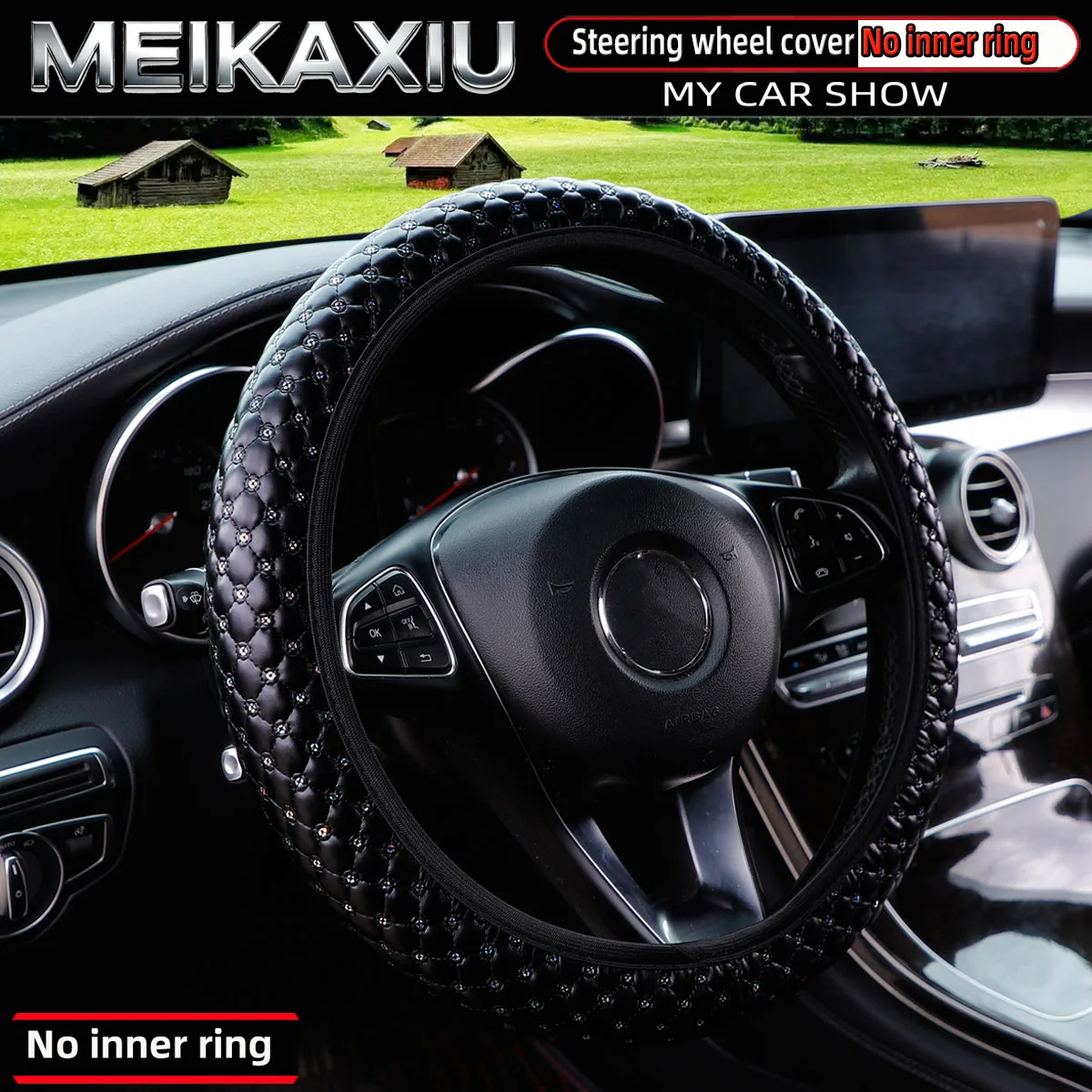 Shiny Blingbling PU Soft Leather Steering Wheel Cover Sequin Embroidered Car Interior Accessory Diameter without Inner Ring