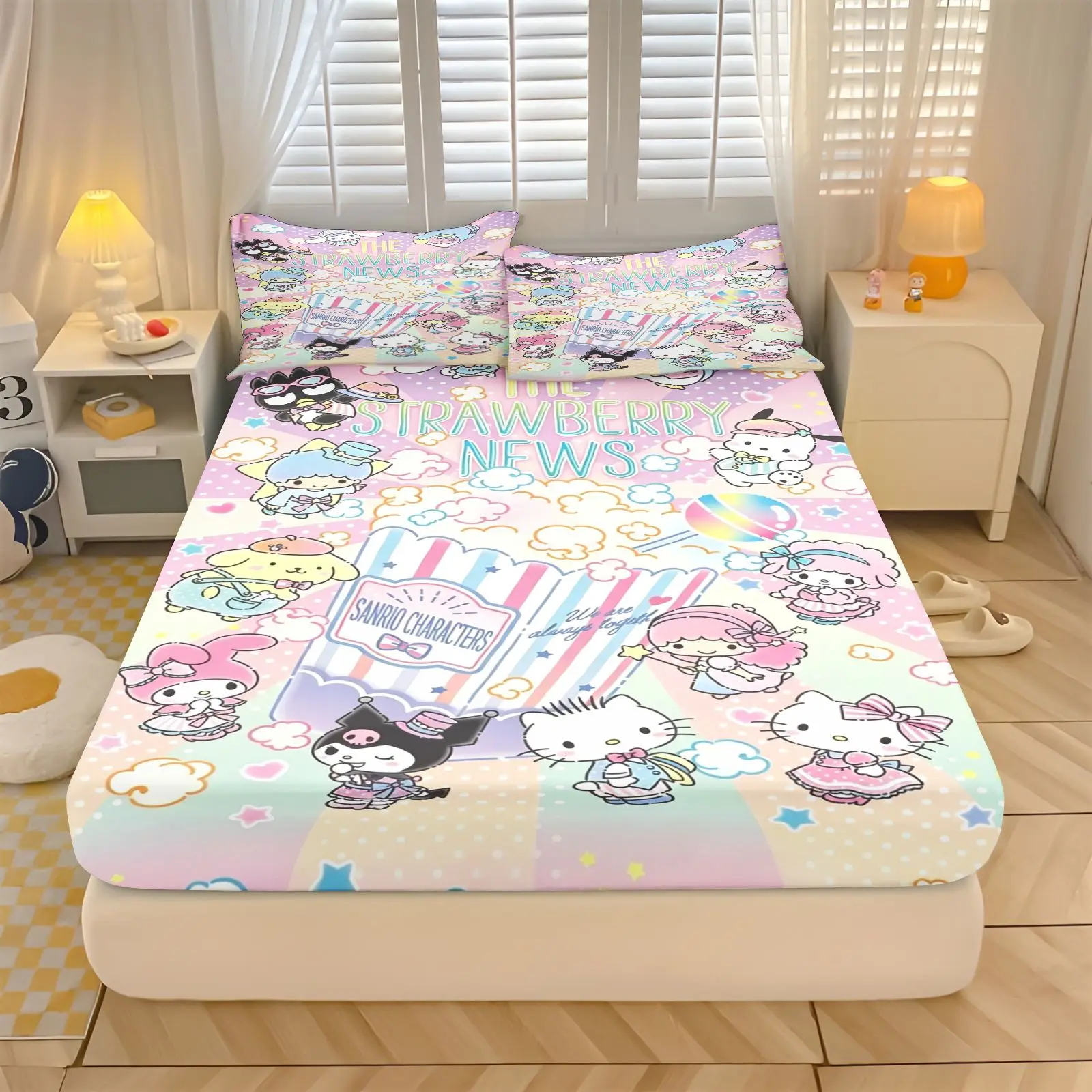 Cute Kuromi Fitted Sheet, Kawaii Cartoon Bed Cover Set with Pillowcases, Soft Polyester Bedding for Kids Room Decor