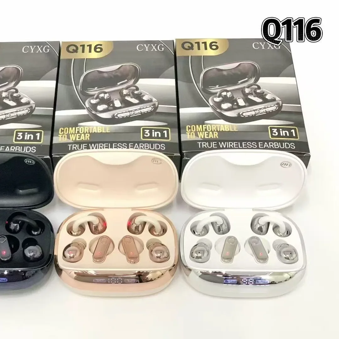 Q116 Three in One Wireless Bluetooth Ear Clip Headphones TWS Triple Earbuds Support Phone Reverse Charging HD Digital Display