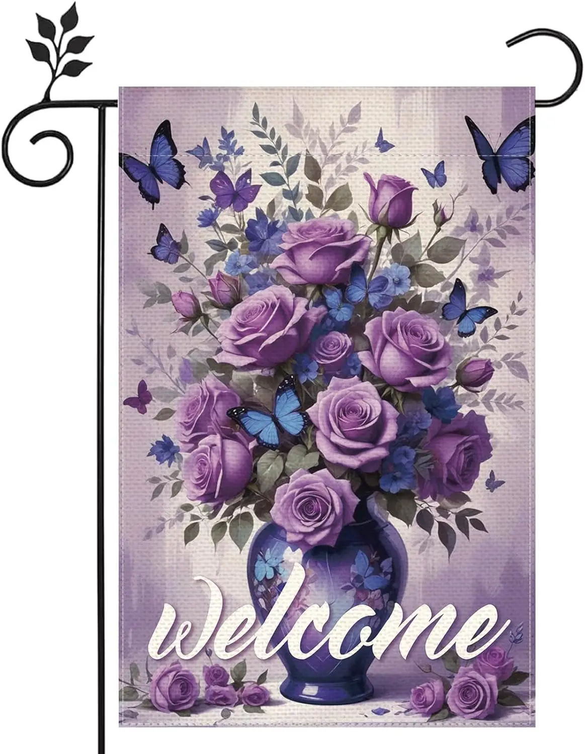 Welcome Purple Flowers Garden Flag 12x18 Inch Double Sided Small Burlap Outdoor Yard Lawn Farmhouse Seasonal Spring Summer A GGO