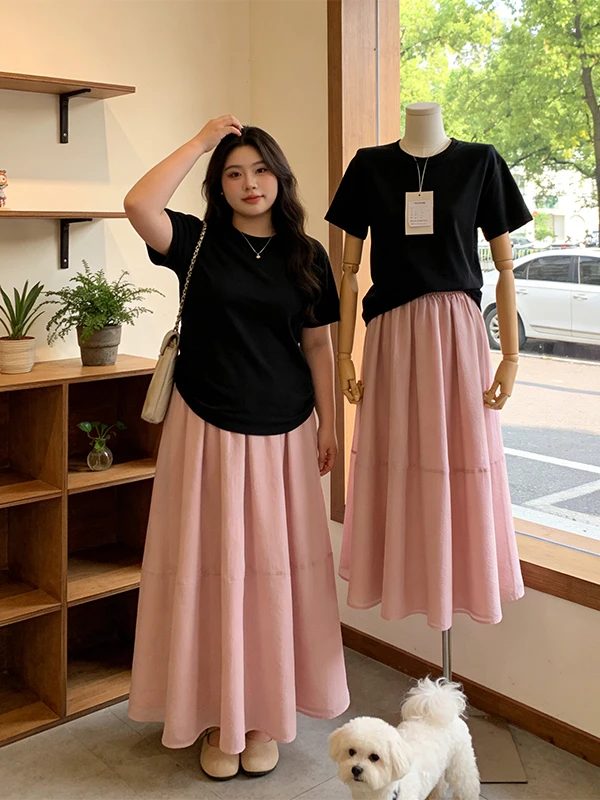 

Summer Outfit Large Size round Neck Short Sleeve T-Shirt Top High Waist Skirt Set Simple Stylish Women's Fashion Ensemble