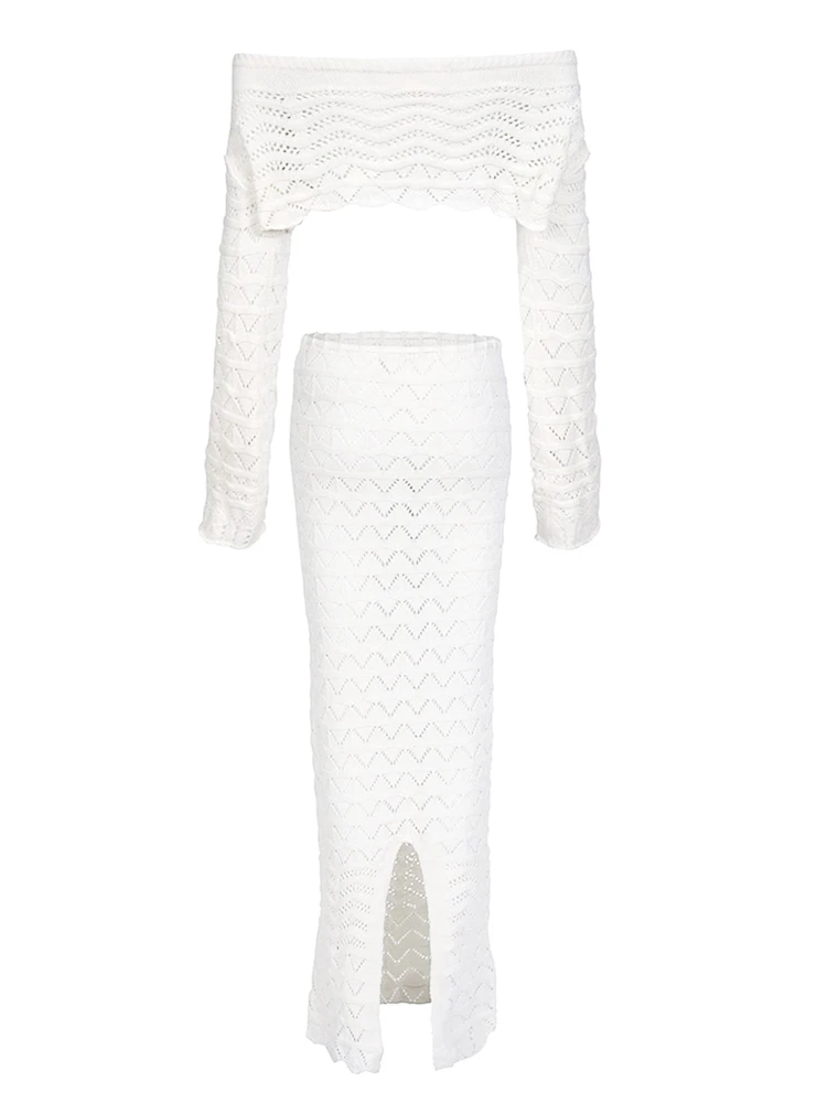 Sexy Knit One-neck Long Sleeve Short Top Drawstring Half Skirt Beach Two-piece  Women Summer Swimsuit Cover Up Chic Set K172