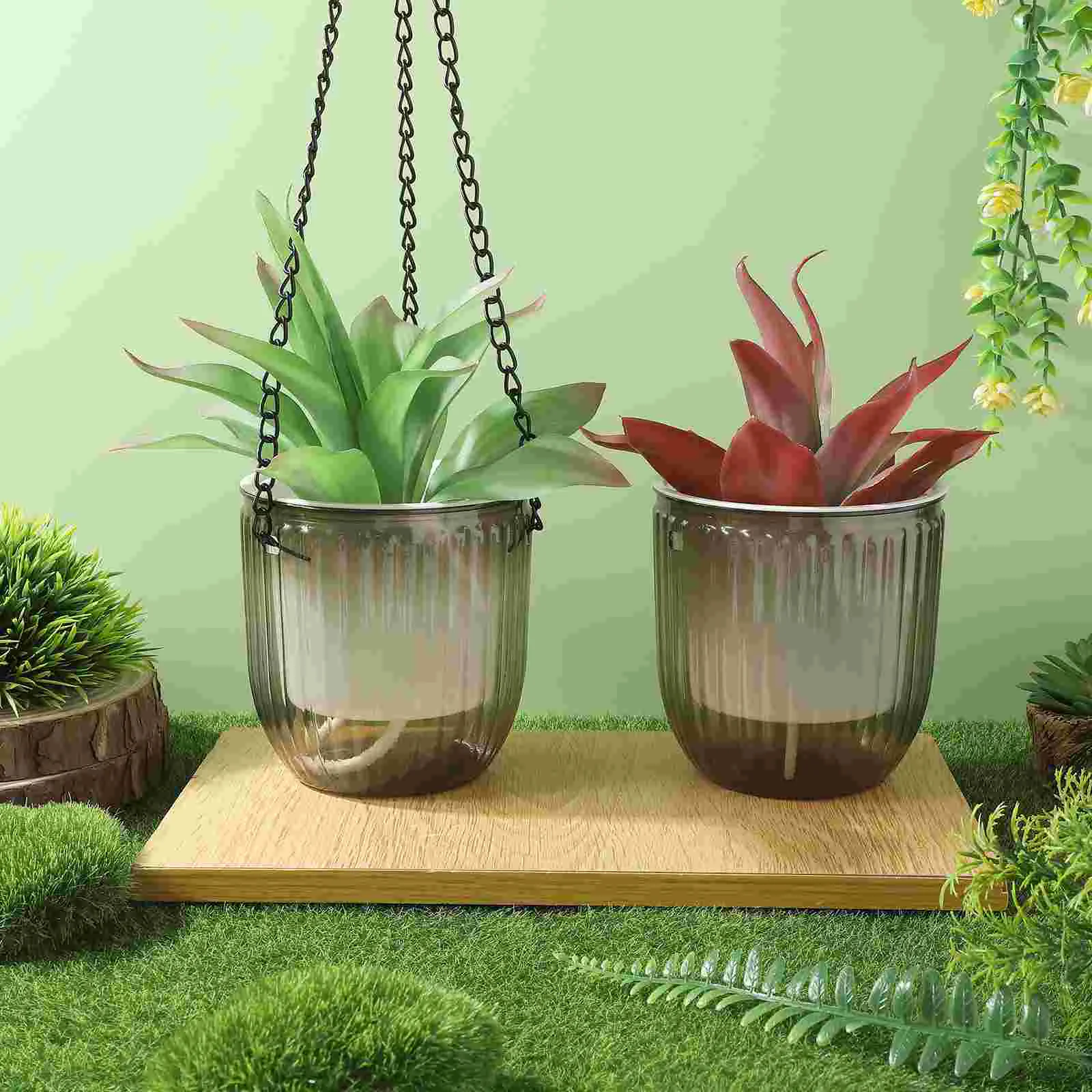 2 Pcs Hanging Basin Pots for Indoor Plants Baskets Green Dill Small Planters Plastic Raw Material Self Watering Transparent