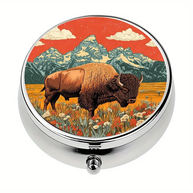 1-piece 3-compartment bison landscape-themed pill box, medicine organizer, portable pill storage box, unique travel gift