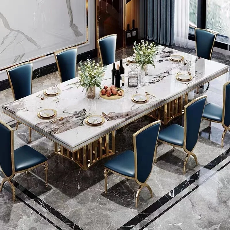 Light Luxury Rectangular Table And Chair Set Stainless Steel Marble Dining Table