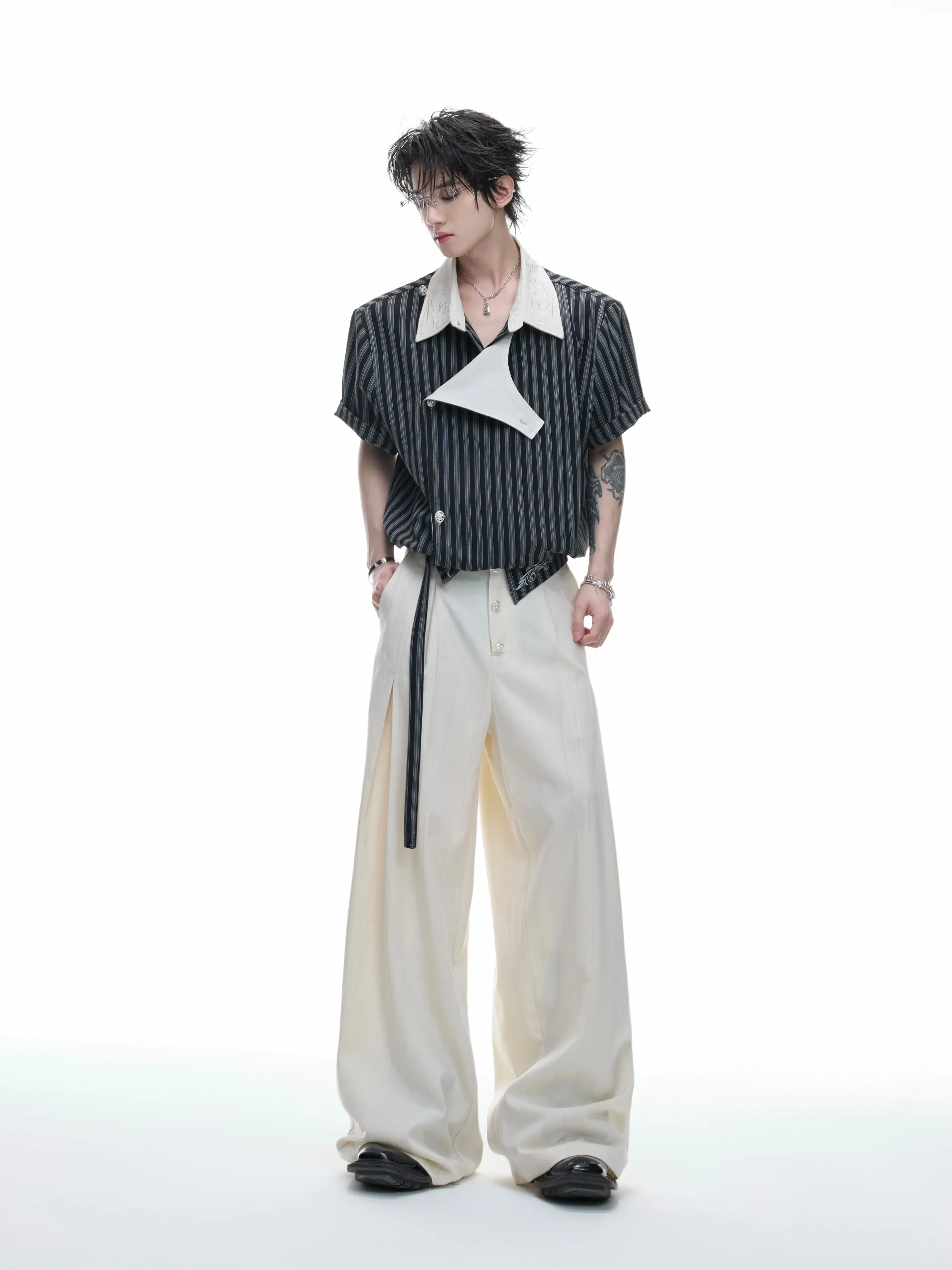Fashionable Deconstructed Striped Shirt Set with Embroidery Side Button Short Sleeve Elegant Style Polyester Blend Casual Wear